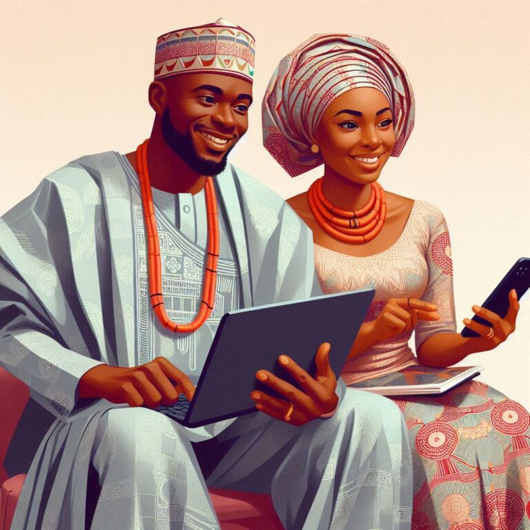 Create an artistic image of a married couple of Nigerian origin dressed in uninformed local attire e (3)